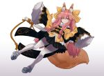  1girl animal_ear_fluff animal_ears b.d bare_shoulders black_skirt bow braid breasts fate/samurai_remnant fate_(series) fox_ears fox_girl fox_tail full_body hair_between_eyes hair_bow highres japanese_clothes katana kimono long_hair looking_at_viewer obi off_shoulder pink_hair platform_footwear sash sidelocks simple_background skirt small_breasts smile solo sword tail tamamo_(fate) tamamo_aria_(fate) thighhighs twintails variant_set weapon white_background white_thighhighs wide_sleeves yellow_bow yellow_eyes yellow_kimono 