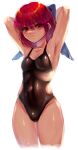  1girl alternate_costume armpits arms_behind_head arms_up bare_arms blue_bow blush bow breasts closed_mouth collarbone commentary_request covered_navel cowboy_shot cropped_legs hair_between_eyes hair_bow highres looking_at_viewer medium_hair red_eyes red_hair sekibanki simple_background small_breasts solo tight_clothes touhou v-shaped_eyebrows white_background yatsuga_(kouahey_dierci) 