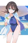  1girl aoi_erika beach black_hair blue_one-piece_swimsuit blue_sky breasts cape cloud cloudy_sky collarbone green_eyes heaven_burns_red highleg ivy large_breasts looking_at_viewer medium_hair ocean one-piece_swimsuit sky solo swimsuit white_cape wristband yuugen 