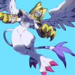  2019 armor bandai_namco black_claws blue_background breasts claws clothing digimon digimon_(species) digital_media_(artwork) feathered_wings feathers felid female feral gloves handwear headgear helmet hi_res long_tail mammal map1o markings mythological_sphinx mythology nefertimon purple_claws purple_markings simple_background solo tail tail_markings tail_tuft toe_claws tuft white_body white_feathers wings 
