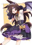  1girl animal_ears bat_wings black_gloves black_skirt blush border bow bowtie brooch brown_hair center_frills claw_pose commentary_request cowboy_shot frilled_hairband frills gloves hair_over_one_eye hairband halloween horse_ears horse_girl horse_tail jack-o&#039;-lantern_ornament jewelry kimukimu layered_skirt long_hair looking_at_viewer official_alternate_costume open_mouth purple_eyes purple_hairband purple_skirt rice_shower_(make_up_vampire!)_(umamusume) rice_shower_(umamusume) shirt short_sleeves simple_background skirt smile solo tail umamusume white_shirt wings yellow_background 