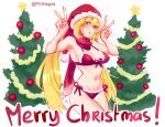  1girl :o armpits bangs bare_shoulders bikini blonde_hair blush breasts christmas_tree commission cropped_legs double_v groin hair_between_eyes hands_up hat highres large_breasts long_hair merry_christmas navel original popopoka red_bikini red_eyes red_headwear red_scarf santa_bikini santa_hat scarf sexually_suggestive solo stomach sweat swimsuit teeth twintails upper_teeth_only v white_background 