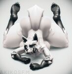  3d_(artwork) akikosfm anthro black_hands black_sclera breasts butt claws digital_media_(artwork) feet felid feline female fur hi_res ink looking_at_viewer mammal nude one_eye_closed scp-1913-1 scp_foundation simple_background solo source_filmmaker tail toe_claws white_background white_body white_eyes white_fur wink 