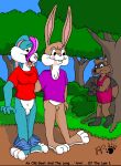  anthro binky_bunny_(rutwell) black_nose blue_body blue_fur bottomless bottomwear bottomwear_down breasts brown_body brown_fur buckteeth clothed clothing featureless_crotch female fettish_raccoon forest fur genitals gloves_(marking) group kthanid_(artist) lagomorph leg_markings leporid male mammal markings navel open_mouth outside pants pants_down partially_clothed pink_nose plant procyonid pussy rabbit raccoon randy_rabbit ring_(marking) ringtail rutwell_forest shirt shrub socks_(marking) tail tail_markings teeth topwear tree trio 