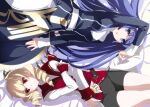  2girls ahoge bike_shorts blonde_hair blue_eyes blue_hair blush breasts cape dress drill_hair erika_wagner hairband highres long_hair looking_at_viewer lying medium_breasts multiple_girls official_art on_back open_mouth orie_(under_night_in-birth) red_eyes twin_drills twintails under_night_in-birth under_night_in-birth_exe:late[st] very_long_hair white_hairband yoshihara_seiichi 