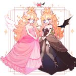  absurdres angel_and_devil angel_wings armlet bowsette bracelet breasts collar crown demon_wings dress fangs head_wings highres horns jewelry looking_at_viewer mario_(series) mushroom_bread new_super_mario_bros._u_deluxe princess_peach smile spiked_armlet spiked_bracelet spiked_collar spiked_shell spiked_tail spikes strapless strapless_dress super_crown tail turtle_shell wings 