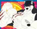  anthro biceps canid canine canis cocky_smile domestic_dog flexing hi_res husky male mammal muscular nordic_sled_dog pecs rekka scar solo spitz tokitechie vein wolf 
