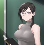  1girl bare_shoulders black_hair book breasts chalkboard closed_mouth commentary_request glasses hashi holding holding_book indoors light_smile looking_at_viewer medium_breasts original purple_eyes short_hair simple_background sleeveless sleeveless_turtleneck solo swept_bangs turtleneck 