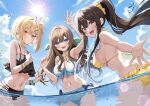  3girls :d arm_up armpits ass back bikini black_bikini blonde_hair blue_bikini blue_eyes blue_sky breasts brown_eyes brown_hair cleavage closed_mouth cloud commentary_request day ear_piercing frilled_bikini frills hair_between_eyes hair_bun hair_ornament hair_ribbon hair_scrunchie hairclip large_breasts lens_flare long_hair looking_at_viewer multicolored_hair multiple_girls navel ocean open_mouth original outdoors outstretched_arm partially_submerged piercing pink_hair piyopoyo ponytail pout purple_eyes rabbit_hair_ornament ribbon scrunchie sideboob sky small_breasts smile stomach streaked_hair sun swimsuit teeth two-tone_hair upper_teeth_only wading water_drop 