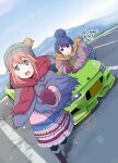  2girls beanie blue_eyes blue_hair blue_skirt car down_jacket dress grey_headwear hair_bun hat highres honda honda_civic jacket kagamihara_nadeshiko lens_flare license_plate looking_at_viewer maruyo motor_vehicle multiple_girls pink_dress pink_hair purple_eyes purple_mittens red_scarf scarf shima_rin skirt sports_car translation_request v vehicle_request winter_clothes yellow_scarf yurucamp 