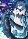  1girl absurdres adhesive_bra black_bra blue_hair bra breasts fish hair_between_eyes hair_ornament highres lamia_(punishing:_gray_raven) long_hair mechanical_arms mechanical_tail mermaid monster_girl navel punishing:_gray_raven purple_eyes ringed_eyes sidelocks small_breasts tail underwater underwear very_long_hair yuzexit565 