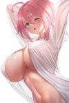  1girl ahoge areola_slip arms_behind_head blush breasts cleavage commentary english_commentary green_eyes hair_between_eyes highres kay_yu large_breasts looking_at_viewer navel no_bra one_eye_closed open_clothes open_mouth open_shirt original pink-haired_girl_(kay_yu) simple_background solo unbuttoned unbuttoned_shirt upper_body white_background 