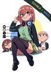  3girls artist_name black_jacket blue_eyes blush breasts closed_mouth discord_username facebook_username fusion go-toubun_no_hanayome green_skirt green_vest headphones highres instagram_username jacket large_breasts long_hair looking_at_viewer multiple_girls nakano_ichika nakano_miku open_mouth pen-pen_arts school_uniform shirt shoes short_hair sitting skirt smile teeth thighhighs twitter_username vest white_shirt 