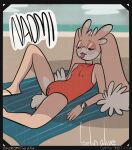  absurd_res anthro beach beach_towel clothed clothing faelinalive female hi_res lagomorph leporid lying mammal naomi_(faelinalive) nipple_outline on_back rabbit relaxing seaside solo swimwear tongue tongue_out towel 