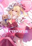  1girl ascot bare_legs blonde_hair breasts closed_mouth feet_out_of_frame flandre_scarlet frilled_shirt_collar frills hair_between_eyes highres holding holding_stuffed_toy kure~pu light_smile medium_hair mob one_side_up pink_eyes red_ribbon red_skirt red_vest ribbon skirt skirt_set small_breasts solo stuffed_animal stuffed_toy teddy_bear touhou vest yellow_ascot 