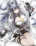  1girl arknights blue_hair breasts coat earrings gourd highres horns jewelry large_breasts ling_(arknights) long_hair necktie pointy_ears purple_eyes remsrar short_shorts shorts sitting smile thigh_strap white_coat yellow_necktie 
