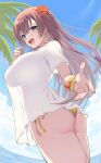  1girl absurdres ass b.c bikini blue_eyes blush breasts brown_hair earrings fate/grand_order fate_(series) flower hair_flower hair_ornament highres hoop_earrings huge_breasts jewelry large_breasts long_hair looking_at_viewer mata_hari_(fate) open_mouth shirt side-tie_bikini_bottom smile solo swimsuit thighs 