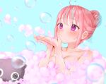  1girl animal bath bathtub blowing blue_hair breasts bubble bubble_bath cleavage collarbone hair_bun highres hitsujisnow hololive large_breasts medium_hair minato_aqua multicolored_hair neko_(minato_aqua) pink_hair purple_eyes showering simple_background soap_bubbles streaked_hair upper_body virtual_youtuber 