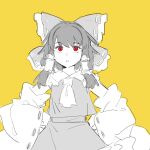  1girl :o braid detached_sleeves dress greyscale hair_ribbon hair_tubes hakurei_reimu highres long_hair looking_up monochrome ntii open_mouth red_eyes ribbon sleeveless solo touhou wide_sleeves yellow_background 