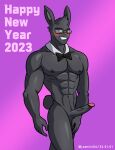  abs absurd_res alkan anthro black_body black_fur blue_eyes bow_tie bow_tie_only english_text erection eyewear fur genitals glasses hi_res holiday_message holidays lagomorph leporid male mammal mostly_nude muscular muscular_anthro muscular_male navel new_year nipples nude nude_anthro nude_male pecs penis rabbit solo text 