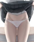  1girl ass_visible_through_thighs cameltoe clothes_lift desk female_pubic_hair head_out_of_frame highres kaminari_doon lifted_by_self lower_body mole mole_on_stomach navel original panties pubic_hair pussy_juice revision school_desk school_uniform see-through shirt side-tie_panties skirt skirt_lift solo stomach thighs underwear white_panties white_shirt 