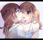  2girls after_kiss bang_dream! blonde_hair blush breasts brown_hair cleavage hair_ears hair_ornament hand_on_another&#039;s_arm hood hoodie ichigaya_arisa looking_at_another medium_hair multiple_girls natsuha_(728_24) open_mouth purple_eyes saliva saliva_trail star_(symbol) star_hair_ornament tongue tongue_out toyama_kasumi twintails white_hoodie yuri 