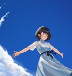  1girl black_hair blue_sky breasts closed_eyes dress grin highres medium_dress original outstretched_arms sash see-through see-through_sleeves short_hair short_sleeves sky small_breasts smile solo summer takimoto_nao white_dress 