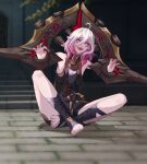 1girl :d ahoge artist_name belt black_belt briar_(league_of_legends) colored_sclera dagikatt detached_sleeves english_commentary feet fingernails full_body grey_eyes grey_hair hair_between_eyes highres league_of_legends long_hair looking_at_viewer multicolored_hair no_shoes on_ground open_mouth outdoors pointy_ears red_sclera shadow sharp_fingernails sharp_teeth sidelocks sitting smile solo spread_legs stairs streaked_hair teeth toeless_footwear toes two-tone_hair wrist_cuffs 