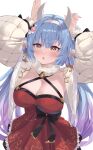 1girl :o animal_ears arms_up black_bow blue_hair blush bow breasts brown_eyes catura_(granblue_fantasy) cleavage cow_ears cow_girl cow_horns cropped_jacket draph dress frilled_dress frills gradient_hair granblue_fantasy hairband highres horns jacket large_breasts long_hair multicolored_hair open_mouth purple_hair red_dress sidelocks simple_background sleeveless sleeveless_dress solo very_long_hair white_background white_hairband white_jacket wuzhu_nis 