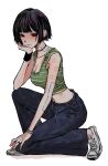  1girl arm_tattoo bandaid bandaid_on_arm bandaid_on_neck bare_shoulders black_hair bob_cut bracelet breasts bright_pupils choker cleavage closed_mouth collarbone drawstring earrings from_side frown full_body green_nails hand_on_own_knee head_rest heart highres jewelry looking_at_viewer looking_to_the_side midriff mole mole_under_mouth multicolored_nails multiple_earrings multiple_rings muryo navel nike on_one_knee original pants pink_nails purple_hair ring shirt shoes short_hair simple_background sleeveless sleeveless_shirt sneakers solo striped striped_shirt symbol-shaped_pupils tattoo white_background white_footwear wristband yellow_nails 