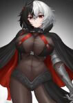  1girl absurdres azur_lane black_capelet black_hair bodystocking breasts brown_eyes bruenhilde_(azur_lane) capelet closed_mouth covered_navel cowboy_shot cross gauntlets hair_between_eyes hand_up highres horns iron_cross large_breasts looking_at_viewer multicolored_hair short_hair solo split-color_hair ueyama_0clock waist_cape white_hair 