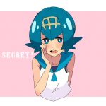 1girl blue_eyes blue_hair blue_sailor_collar blush bright_pupils commentary_request freckles hairband hand_up lana_(pokemon) leaning_forward looking_at_viewer mizu_majuu_(waterman10) no_sclera one-piece_swimsuit open_mouth pink_background pokemon pokemon_(game) pokemon_sm sailor_collar shirt short_hair sleeveless sleeveless_shirt smile solo swimsuit swimsuit_under_clothes teeth tongue upper_body upper_teeth_only white_pupils white_shirt yellow_hairband 