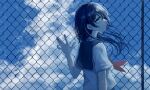  1girl black_hair blue_eyes blue_sailor_collar blue_theme chain-link_fence cloud commentary_request fence from_side hair_between_eyes highres long_hair looking_at_viewer looking_to_the_side neckerchief original outdoors parted_lips red_neckerchief saikisaika sailor_collar school_uniform serafuku shirt short_sleeves sky solo upper_body white_serafuku white_shirt 