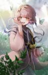  1girl bangs bead_necklace beads black_robe bug bush butterfly forest hagoromo haori highres holding holding_teapot japanese_clothes jewelry jigokuraku kimono koyuki_(koyuuuuuuuuuuu) light_rays nature necklace obi peach_blossom pink_hair pink_kimono robe sash shawl short_hair solo sunlight tao_fa teapot yellow_eyes 