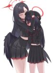  2girls absurdres asymmetrical_bangs beret black_choker black_gloves black_hair black_headwear black_serafuku black_wings blue_archive blunt_bangs blush choker closed_eyes cropped_shirt feathered_wings gloves halo hand_on_another&#039;s_head hat highres hug ichika_(blue_archive) justice_task_force_member_(blue_archive) long_hair midriff mint_cat_(a_huu) multiple_girls neckerchief own_hands_together pleated_skirt red_eyes red_halo red_neckerchief school_uniform serafuku simple_background skirt smile straight_hair very_long_hair white_background wings yuri 