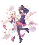  2girls :d animal_ears ankle_bow anklet artist_name bare_arms bcy black_bow black_footwear black_hair black_shirt black_thighhighs black_vest bow cat_ears cat_hair_ornament closed_mouth collared_dress collared_shirt confetti dated dress full_body gloves hair_bow hair_ornament hand_up holding_hands huhu interlocked_fingers jewelry layered_dress leg_up looking_at_viewer low_twintails medium_hair miao_jiujiu miniskirt multiple_girls neck_ribbon open_clothes open_vest pink_bow pink_footwear pink_ribbon pink_skirt pleated_skirt ponytail red_eyes ribbon ruan_miemie ruru_(lulubuu) shirt skirt sleeveless sleeveless_shirt smile teeth thighhighs twintails upper_teeth_only vest white_background white_dress white_gloves white_hair white_thighhighs zettai_ryouiki 