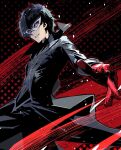  1boy amamiya_ren black_hair black_jacket black_pants cofffee cowboy_shot eye_mask gloves high_collar jacket long_sleeves looking_at_viewer male_focus messy_hair outstretched_arm pants parted_lips patterned_background persona persona_5 red_eyes red_gloves short_hair solo white_mask wind wind_lift 