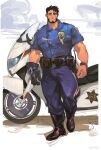  1boy absurdres bara beard boots dichuan_(arriverw) facial_hair full_body highres large_pectorals looking_at_viewer male_focus mature_male motor_vehicle motorcycle muscular muscular_male original pectorals police police_badge police_uniform policeman sanpaku scar scar_across_eye short_hair solo thick_eyebrows uniform walking 