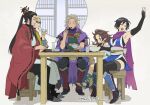  2girls 3boys armpits azami_(saga) breasts cape character_request closed_mouth eating full_body indesign long_hair multiple_boys multiple_girls open_mouth protagonist_(romancing_saga_2) romancing_saga_2 saga short_hair sitting smile table white_background 
