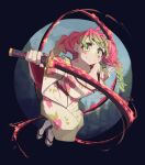  1girl absurdres braid breasts cleavage closed_mouth gradient_hair green_eyes green_hair highres holding holding_sword holding_weapon japanese_clothes kanroji_mitsuri kimetsu_no_yaiba kimono large_breasts long_hair mole mole_under_eye multicolored_hair multiple_braids pink_hair smile solo sword togekk0 weapon whip_sword 