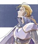  1boy armor black_jacket blonde_hair breastplate cape closed_mouth earrings edgar_roni_figaro facing_to_the_side final_fantasy final_fantasy_vi grey_background grey_cape hair_ribbon highres jacket jewelry letterboxed long_hair low_ponytail male_focus motsutei popped_collar profile ribbon shoulder_armor solo upper_body wavy_hair 