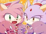  2girls amy_rose animal_ears blaze_the_cat blush cat_day cat_ears cat_paw claws eyelashes fangs forehead_jewel furry furry_female green_eyes hairband hedgehog_ears highres machimo129 multiple_girls open_mouth paw_pose paw_print pink_fur purple_fur sonic_(series) sweatdrop yellow_eyes 