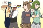  2boys 2girls ? bara baseball_cap beard blue_hair brown_hair collared_shirt couple crossover demon_horns eye_contact facial_hair feet_out_of_frame flicker_of_azure gloves green_hair grey_pants hand_on_own_neck hat holding hood hood_down horns jealous just_kiss_her_already! just_kiss_him_already large_pectorals locked_arms looking_at_another mature_male meme misterpanncake multiple_boys multiple_girls muscular muscular_male nanala_(just_kiss_him_already) pants pectorals player_(flicker_of_azure) pride_flag_question_mark_(meme) rainbow_flag shaded_face shirt short_hair sketch skirt squinting suspenders sweatdrop thick_eyebrows walking wez_(flicker_of_azure) yaoi yuri 