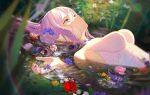  1girl absurdres blue_archive blurry blurry_foreground breasts cherrymaru dress expressionless fine_art_parody flower frilled_ribbon frills hair_bun hair_flower hair_flowing_over hair_ornament hair_ribbon highres large_breasts long_hair looking_up lying_on_water mika_(blue_archive) nose ophelia_(painting) parody parted_lips petals petals_on_liquid pink_hair purple_flower ribbon solo white_dress white_ribbon 