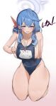  1girl ako_(blue_archive) bare_shoulders blue_archive blue_eyes blue_hair blue_one-piece_swimsuit blush breasts cleavage covered_navel groin hairband halo heart heart-shaped_pupils highres inhey kneeling large_breasts long_hair looking_at_viewer one-piece_swimsuit open_mouth school_swimsuit sideboob solo swimsuit symbol-shaped_pupils whistle whistle_around_neck 