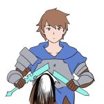  1boy armor blue_hoodie breaking breastplate broken broken_sword broken_weapon brown_hair collarbone fikkyun gauntlets gran_(granblue_fantasy) granblue_fantasy holding holding_sword holding_weapon hood hoodie knee_up male_focus short_hair shoulder_armor sword weapon 