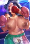  1girl 1other biceps black_hair boxer_briefs boxing boxing_gloves boxing_ring breasts clenched_hand commission dark-skinned_female dark_skin face_punch fighting freckles gloves highres in_the_face indoors karasu_h large_breasts lips long_hair male_underwear mexico mouth_guard muscular muscular_female navel nipples open_mouth original punched punching saliva thick_thighs thighs toned topless underwear veins veiny_arms veiny_breasts violence 