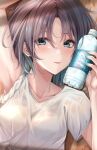  1girl arm_up armpits asakura_toru blue_eyes blue_hair blue_nails blush bottle bra bra_visible_through_clothes breasts brown_hair collarbone from_above gradient_hair hand_up highres holding holding_bottle idolmaster idolmaster_shiny_colors looking_at_viewer lying medium_breasts multicolored_hair nail_polish on_back parted_bangs see-through shirt short_hair short_sleeves sleeves_rolled_up smile solo sports_drink sweat tongue tongue_out underwear upper_body wet wet_clothes wet_shirt white_bra white_shirt wooden_floor yuzuyu_(hyui) 