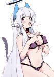  1girl absurdres alternate_costume animal_ears blue_archive bra breasts cat_ears cat_tail commentary fake_animal_ears halo headphones highres large_breasts long_hair looking_at_viewer navel noa_(blue_archive) ocha_(popopogg) panties simple_background solo tail translated underwear white_background 