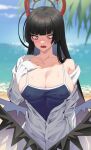 1girl acaa ahoge averting_eyes bags_under_eyes beach black_hair black_wings blue_archive blue_one-piece_swimsuit blurry blurry_background blush breasts cleavage collarbone covered_nipples depth_of_field grey_jacket halo hand_on_own_chest highres huge_ahoge jacket large_breasts long_hair looking_down melting_halo nose_blush one-piece_swimsuit outdoors palm_leaf red_eyes red_halo solo swimsuit tears tsurugi_(blue_archive) upper_body very_long_hair wavy_mouth wings 